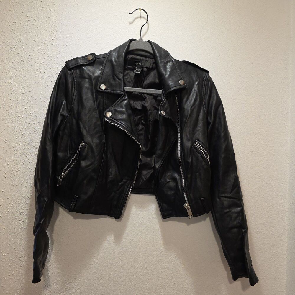 Forever 21 Faux Leather Black Bomber Jacket, Size Small, Womens Fashion
